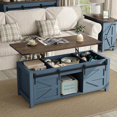 Furnihold Lift Top Coffee Table, 47.3'' Farmhouse Coffee Table with Large Hidden Storage Compartment & Sliding Barn Doors, Wood Modern Rectangle Table for Home, Office, Blue