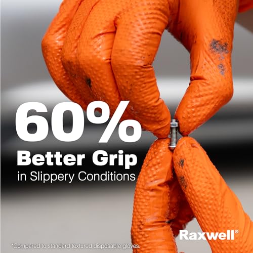 Raxwell Orange Nitrile Gloves 8.5 Mil - Powder-Free Puncture-Resistant Protection - Diamond-Texture Work Gloves with Grip - Large - 100 Count