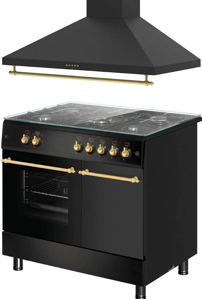 PACK COCINA A GAS F9LT50G2 PORTABOMBONA NEGRA RÚSTICA + CAMPANA DECORATIVA NEGRA RÚSTICA/ANCHO 90 CM/FUEGOS CON ENCENDIDO AUTOMATICO/HORNO 64 L.