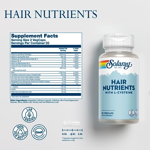 Image of SOLARAY Hair Nutrients w /L-Cysteine - Hair Health Support for Men and Women - Contains Biotin, Vitamin C, L Cysteine Amino Acids and Other Essential Nutrients - Lab Verified - 30 Servings, 60 VegCaps