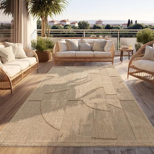 Paco Home Tapis D'Extérieur Résistant Aux Intempéries Balcon Salon Boho Design Abstrait Motif Géométrique Unicolore Effet 3D Beige, Dimension:80x150 cm