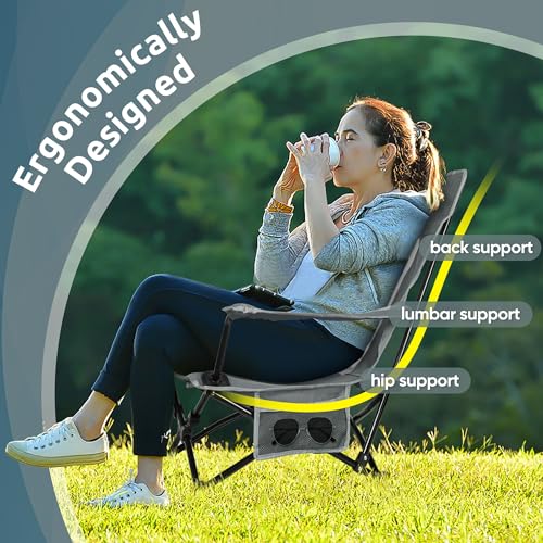 Image of HaSteeL Folding Beach Chair Set of 2, Foldable Grey Camping Chairs for Outside, Low Beach Chair Portable for Adults Fishing, Picnic, Outdoor BBQ, Travel, Sports, Cup Holder & Storage Bag