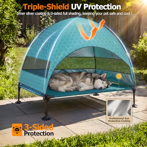 Image of Elevated Dog Bed with UV-Proof Canopy, Outdoor Dog Tent with Powerful Adjustable Feet, Portable Pet Cot with Wider Shade, Raised Cooling Bed for Camping, Patio, Beach, Poolside