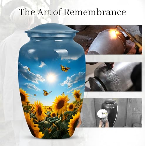 Image of Butterfly with Sunflower Urn for Ashes for Women - Large Urns for Human Ashes Adult Female - Yellow Sunflower Urn for Adult Mom and Dad - Large Decorative Urns for Handmade 10inch