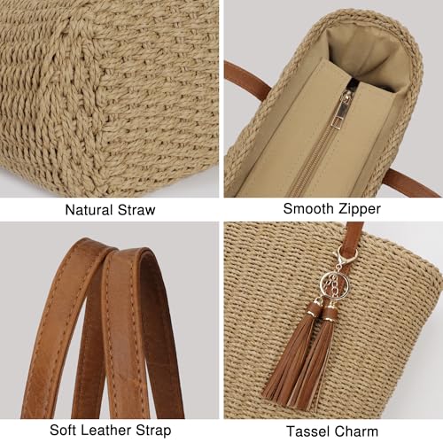 Image of Womens Large Straw Tote Bag Handmade Woven Shoulder Handbag Summer Beach Purse with Tassel
