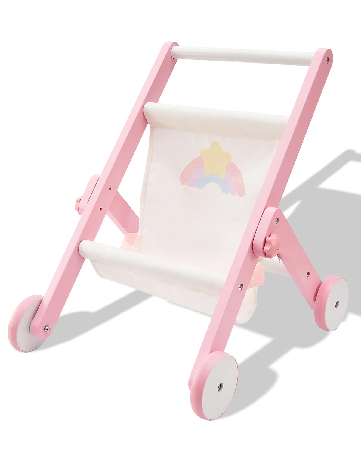 FUNLIO Wooden Doll Stroller for Toddlers 12 Months+, Rounded Corner & Stable Triangular Structure, Adorable Pink Baby Doll Strollers for Pretend Play, Easy to Assemble & Fold, CPC & CE Certified