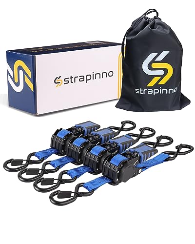 Image of Strapinno 4 Pack Auto Retractable Ratchet Straps Bundle -1 in x 6 ft, 1500 LBS Break Strength Each, Heavy Duty Tie Down Straps for Cargo Securing, Weather Resistant Safety S-Hooks, Blue Strap