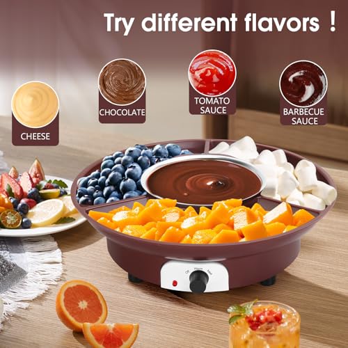Image of Chocolate Melting Pot Electric Chocolate Fondue Set with 6 Forks | 3-Section Food Trays with 6pcs Dipping Forks Perfect for Cheese Dessert Housewarming Christmas Party Gifts (Brown)