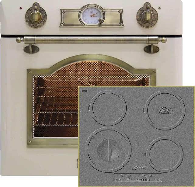 Kaiser Küchengeräte Backofen-Set EH 6355 ElfEm+KCT 6705 RI, Autark, Retro Einbau Backofen, 8 Funktionen+Einbau Kochfeld 60 cm, 4 Kochzonen, Design des Gusseisen Kochfeld, Antique Gold