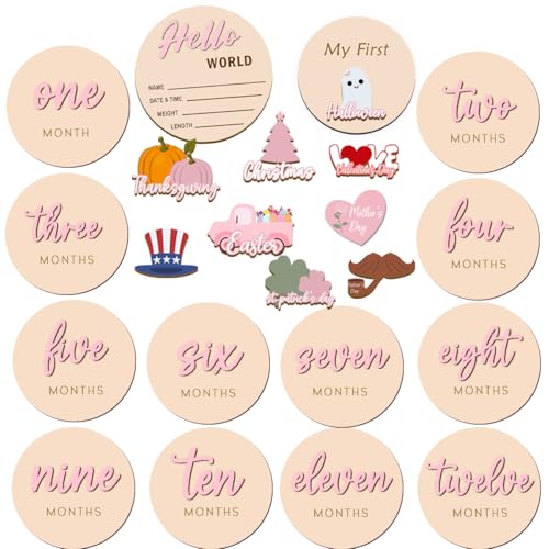 Image of Monthly Baby Milestone Maker Discs, Baby Milestone Signs for Newborn Baby, Hello World Newborn Sign for Baby Girl & Boy, Baby Announcement Sign for 1-12 Month, Milestone Wooden Circles (Pink)
