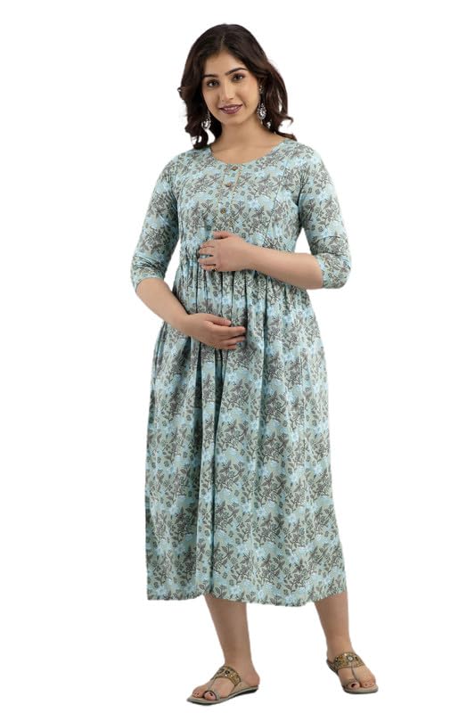 Women Cotton Printed Maternity Gown | Western Dress with Zippers for Nursing Pregnancy Kurta | Feeding Kurti | SkyBlue | 3XL-image-10