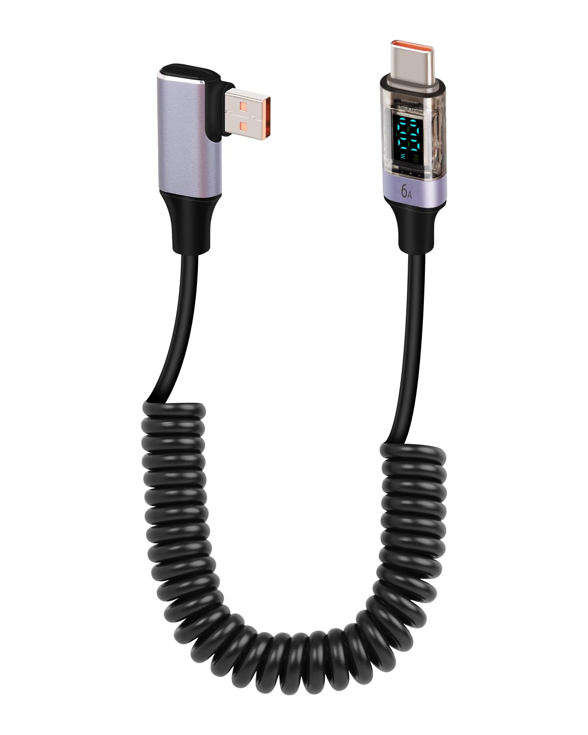 YANBORONSN PD 66W 90 Grad USB A auf USB C Spiral-Schnellladekabel mit Digitalanzeige, unterstützt Wattleistung für Tablet PC, Telefone