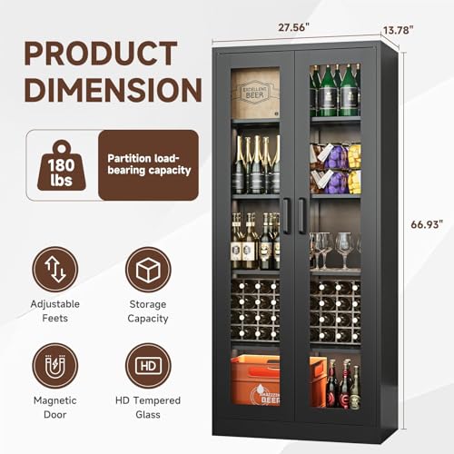PEUKC Display Cabinet with Glass Doors, 67\'\'H Metal Curio Storage Cabinet with 4 Adjustable Shelves, Lockable Glass Display Case for Home, Office, Pantry, Assemble Required, Black