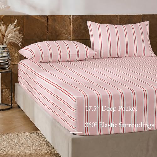 Image of Merryword 100% Cotton Sheet Set King Size, Pink Stripes Bedding, Soft Breathable Percale Weave, Modern Minimalist, Luxury Linen Like, Deep Pocket Fitted Sheet 17.5 inch