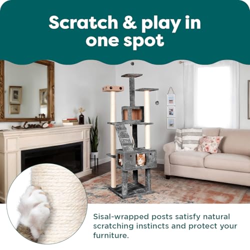 Image of FurHaven 69.3 inch Tall Cat Scratching Post Tower for Indoor Cats, Sisal Cat Tree with 2 Condos, Tiger Tough Double Decker Playground, Toys & Perches for Cats, Sisal, Silver Gray