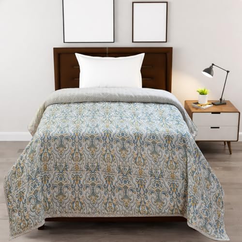 Image of IVAZA Luxury Ultrasonic Punch AC Comforter Blanket - Quilted Microfiber Floral Pattern, Lightweight Breathable All‑Season Blanket for Bedroom, Travel (Singled Bed,228x152 CM) White & Royal Grey