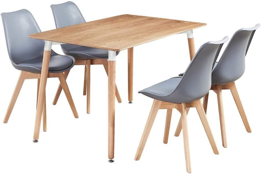 P&N Homewares® Lorenzo Dining Table and 4 Chairs Set Retro and Modern Scandinavian Dining Set White Black Grey Red Pink Green Chairs with Wood Brown Dining Table (GREY)