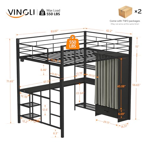 Image of VINGLI Queen Loft Bed, Wardrobe with Curtain,15'' Extra Tall Safety Guardrail and Flat Rungs, LED High Sleeper with 2 Charging Stations, Computer Desk and Storage Drawer, Heavy Duty Metal Slat, Black
