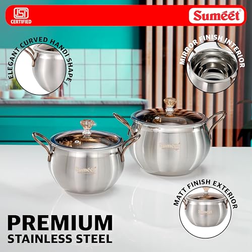 Image of Sumeet ISI Certified Stainless Steel Cook & Serve Biryani Pot /Handi /Sauce Pot with Glass Lid |Induction and Gas Compatible |Set of 2Pc - Capacity - 2200 & 3500ml -Dia - 17 & 19.5cm, Silver