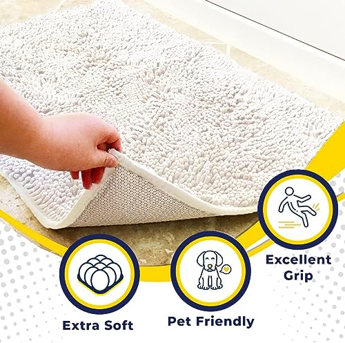 Muddy Mat® AS-SEEN-ON-TV Highly Absorbent Microfiber Door Mat and Pet Rug, Non Slip Thick Washable Area and Bath Mat Soft Chenille for Kitchen Bathroom Bedroom Indoor and Outdoor-White Runner 59"X24"