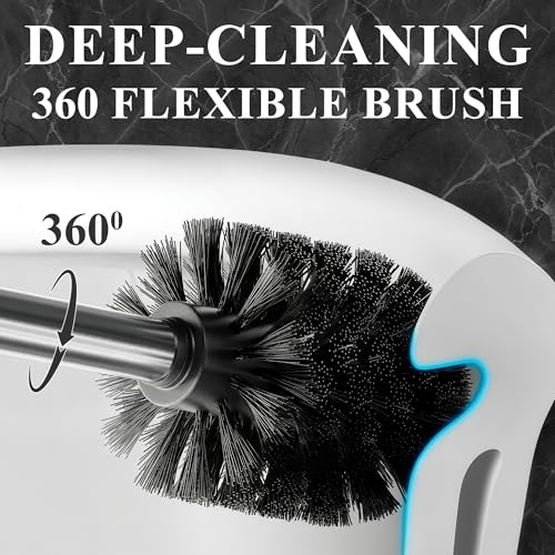 Image of Toilet Brush with Square Holder - Toilet Brush and Holder Set Silver, Stainless Steel Handle with Splash Shield, Replaceable Head and Removable Inner Cup - Freestanding Bathroom Toilet Cleaning Set