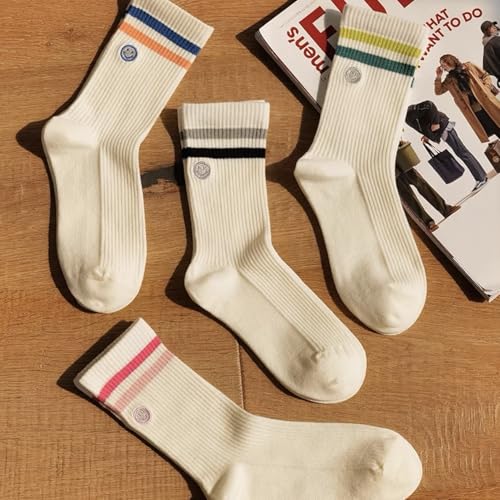 Image of Womens Solid Color Two Stripe Crew Socks Casual Athletic Smiling Face Ankle Socks for women Girls