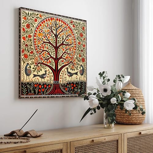 Image of PAINTINGMANTRA Madhubani Folk Art Stretched Canvas Painting for Living Room | Tree Birds Painting Wall Decor Art For Livingroom, Bedroom, Office, Hallways - 16x16 Inch