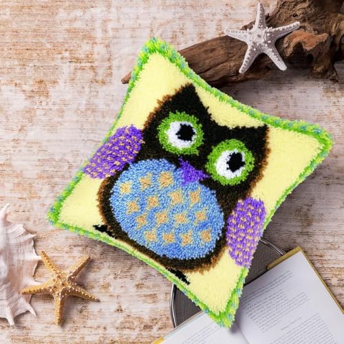 Image of clubevy DIY Latch Hook Kits Pillow Case Embroidery Carpet Set Needlework Pillow Cover Sofa Cushion Cover Craft Kits 17x17 inch (Owl)
