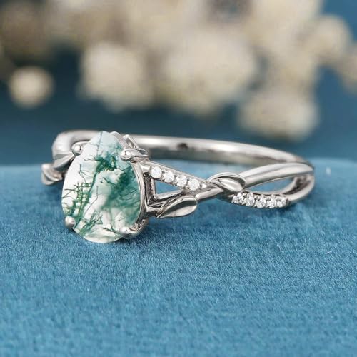 Blocaci Natural Moss Agate Rings for Women 1CT Center Pear Shaped Moss Agate Engagement Rings with Moissanite 925 Sterling Silver 10K 14K 18K Gold Green Moss Agate Ring4