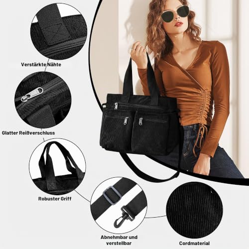 Hoseay Handtasche Damen Cord Umhängetasche Mittelgroß Tote Bag, Schwarz