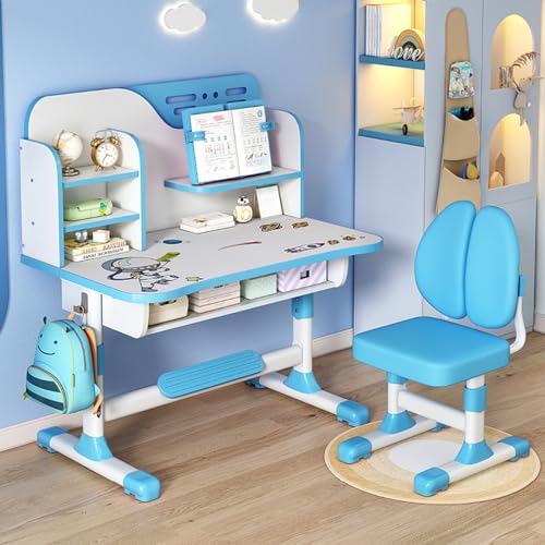 Fenudox Escritorio y Silla Infantil Ajustable,Juego de Escritorio y Silla Infantil Ajustable en Altura para Niños de 3 a 18 Años Set de Estudio Ergonómico con Diseño de Cómic Azul