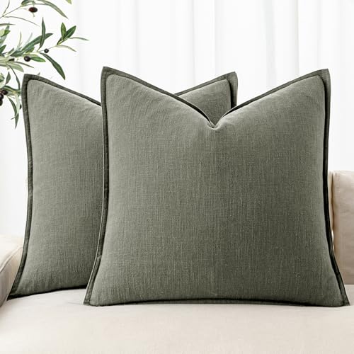 Image of MIULEE Decorative Linen Pillow Covers 20x20 Inch Olive Green Boho Farmhouse Neutral Couch Throw Pillows for Bed Pack of 2 Accent Outdoor Pillowcase Modern Sofa Cushion Livingroom Home Decor