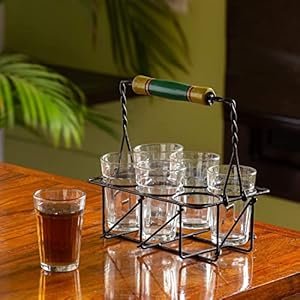 ExclusiveLane ‘The Railway Nostalgia’ Tea Glasses with Iron Holder (Set of 6, 120ml) – Cutting Chai Glasses with Stand Indian Style Tea Glass Tea Cup Handpainted Iron Carrier Stand Organizer
