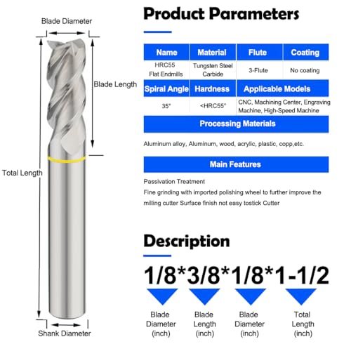 Image of Carbide Square End Mill HRC55 Double Edge 3 Flute AlTiN Coating Tungsten Steel, Color-Ring, for Aluminum Wood