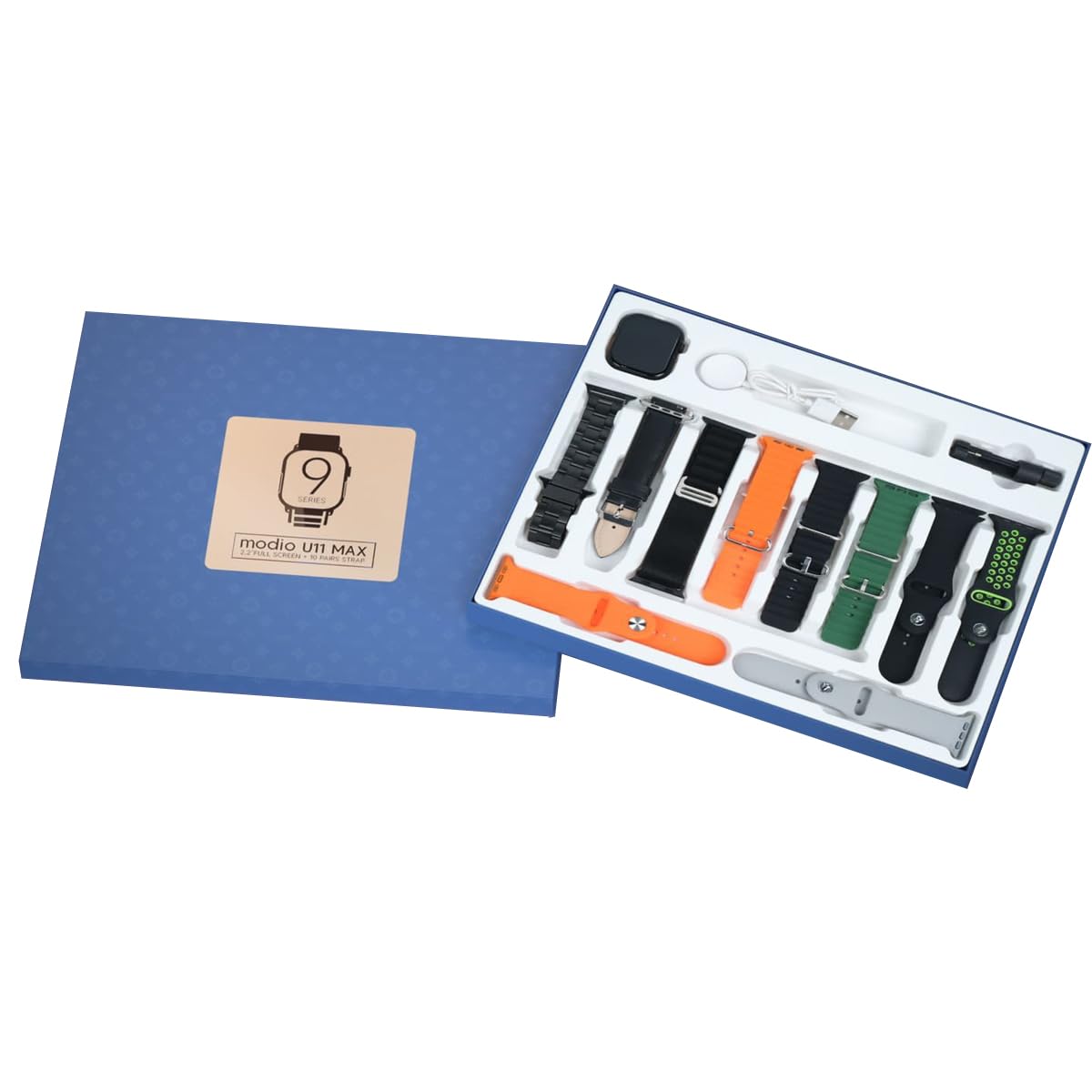 Modio U11 Max Series 9 Smart Watch 2.2 Inch Full Screen Display With 10 Pair Straps and Wireless Charger For Ladies and Gents Black