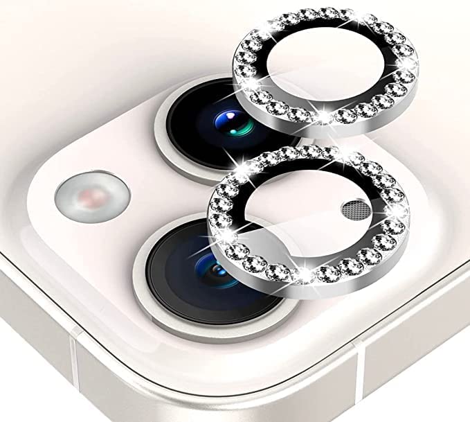 Image of Diamond Camera Lens Protector for iPhone 14 /14 Plus | Metal Ring Lens Guard | Scratch Resistant | HD Clear | Easy Install | Shock & Dust Protection Silver Diamond