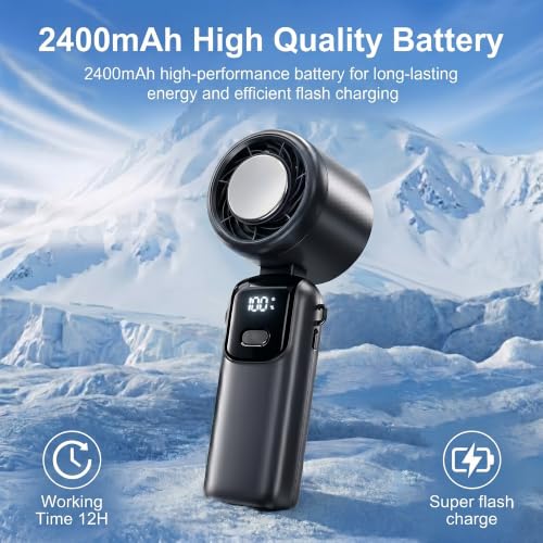Image of OLV Mini Portable Hand Fan, 14000 RPM High Speed with Ice Frost Touch Mode, 2400mAh USB Rechargeable Battery, LED Battery Display, 90 Rotatable Mini Fan for Travel, Office, Makeup & Outdoor (Black)