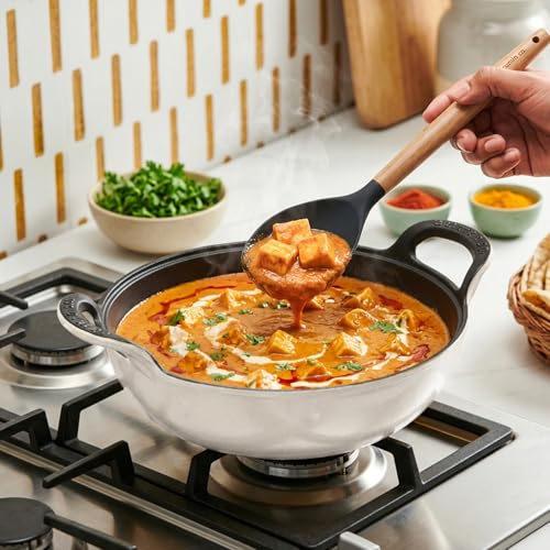 Image of CUMIN CO. Cast Iron Kadai with Lid | 3L, 26 cm | Induction Base Cookware |10 Years Warranty | Non Toxic Heavy Bottom Kadhai for Frying | Chemical Free Coating | Free Accessories | White