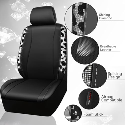 Image of CAR PASS Cow Diamond Leather Bling Car Seat Covers Universal, Faux Shining Rhinestones Two Front only, Fit 95% Automotive Glitter Crystal Sparkle Strips for Cute Women Girl, 2PCS Cow Silver Diamond