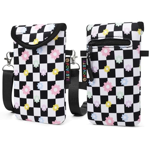 Image of POVESTE Neoprene Cell Phone Sleeve Pouch Case Bag with Crossbody Strap Lanyard for Women, Flap Closure Secure Cell Phone Bag with Pocket for Cards, Cash. (Checkerboard&Daisy)
