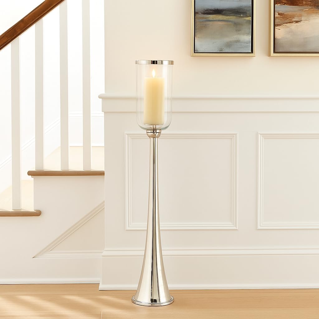 Elegant Glass Hurricane Candle Holder for Home Decor - Decorative Tall Pillar and Taper Candlestick Holder for Table Centerpieces - Stylish Wedding Decoration or Living Room Decor - 43", Silver