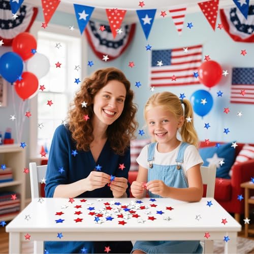 Image of JUNEBRUSHS 4th of July Star Confetti, 300 Pcs fabric Sponge Star Shaped Confetti Red Blue White Stars Table Decor for Independence Day Patriotic Party Decorations