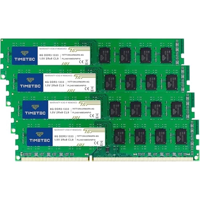 Timetec 32GB KIT(4x8GB) DDR3 1333MHz PC3-10600 Non-ECC Unbuffered 1.5V CL9 2Rx8 Dual Rank 240 Pin UDIMM PC Desktop Computer Memory RAM Module Upgrade (32GB KIT(4x8GB)) DDR3 32GB KIT(4x8GB)
