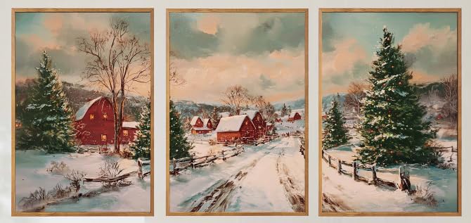 HPNIUB Vintage Christmas Framed Canvas Wall Art Set, Rustic Winter Village Landscape Wall Decor