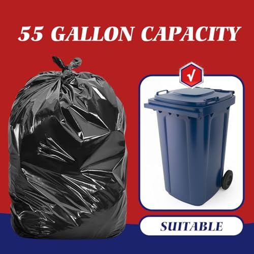 Image of Teivio 55-60 Gallon Black Trash Bags 20 Bags Extra Large Garbage Bags - 39 inch x 53 inch | Fit 45,49,50,55,60 gal Lawn And Leaf Bags Multi-Use Commercial | Outdoor Yard Waste Bag | Workshops Trash Bin Liner