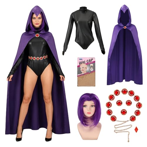 AENEY 9PCS Purple Cosplay Costume Sexy Anime Hooded Purple Cape with Wig Red Gem Belt Gloves Fancy Dress for Adult Women (Large)