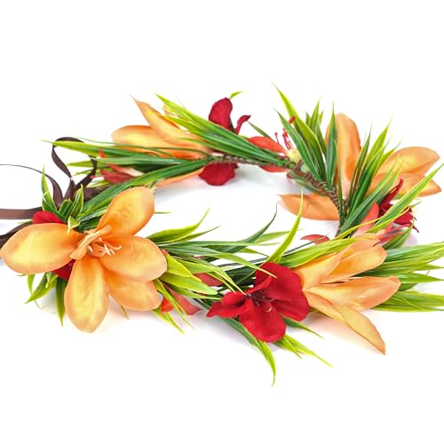 KorViSHOW Hawaiian Leis Flower Crown - Tropical Floral Headband Artificial Hawaii Floral Headpiece with Ribbon Lei Luau Dress Up Accessory for Girls Women Summer Beach Pool Party Decorations