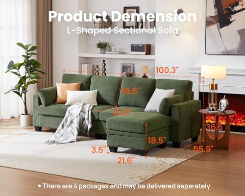 Image of Modular Sectional Sofa with Storage Ottomans, Corduroy Cloud Couch for Small Spaces & Apartments, Reconfigurable L /U Shaped Convertible Corner Sofa, Green, 5 Seater Sectional