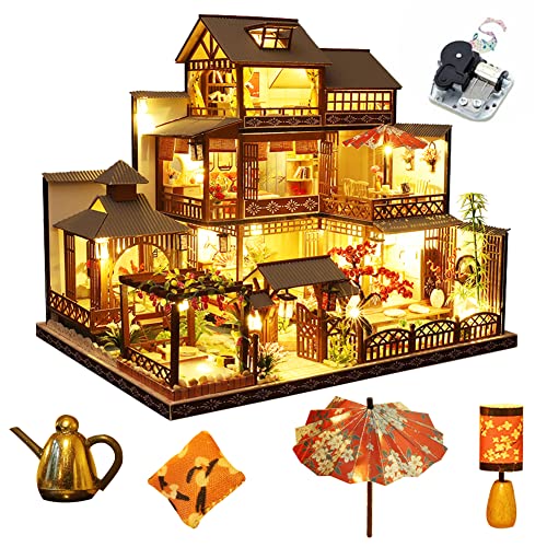 Septiembre- Casa de muñecas retro de estilo japonés con muebles, kit de casa de muñecas de madera con música, sala creativa a escala 1:24 para regalo de cumpleaños