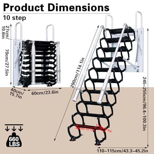 Image of 10 Steps Attic Stairs,Wall Mounted Folding Loft Ladder,Retractable Collapsible Stairs,Extension Steps Ladder with Armrests,Telescoping with Pulldown System (White, Step 10)